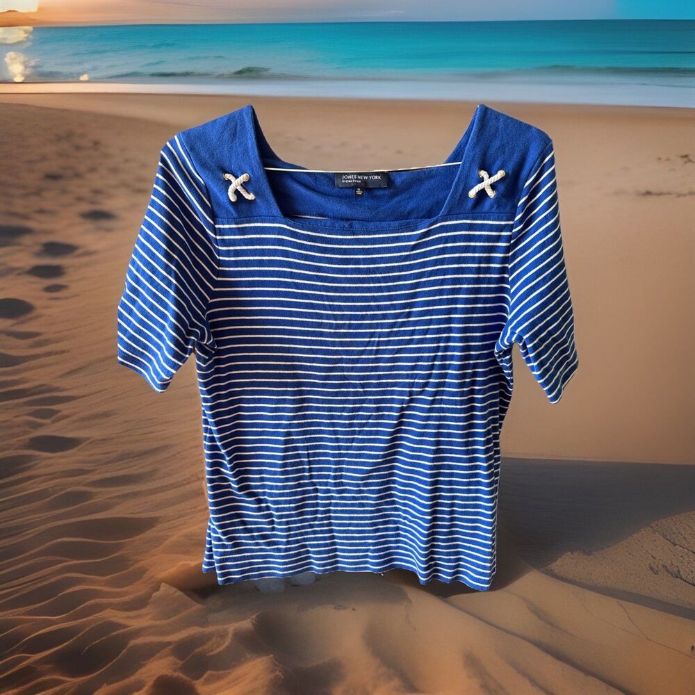 Jones‎ New York Women's  Short Sleeve Blue & White Striped Top XL